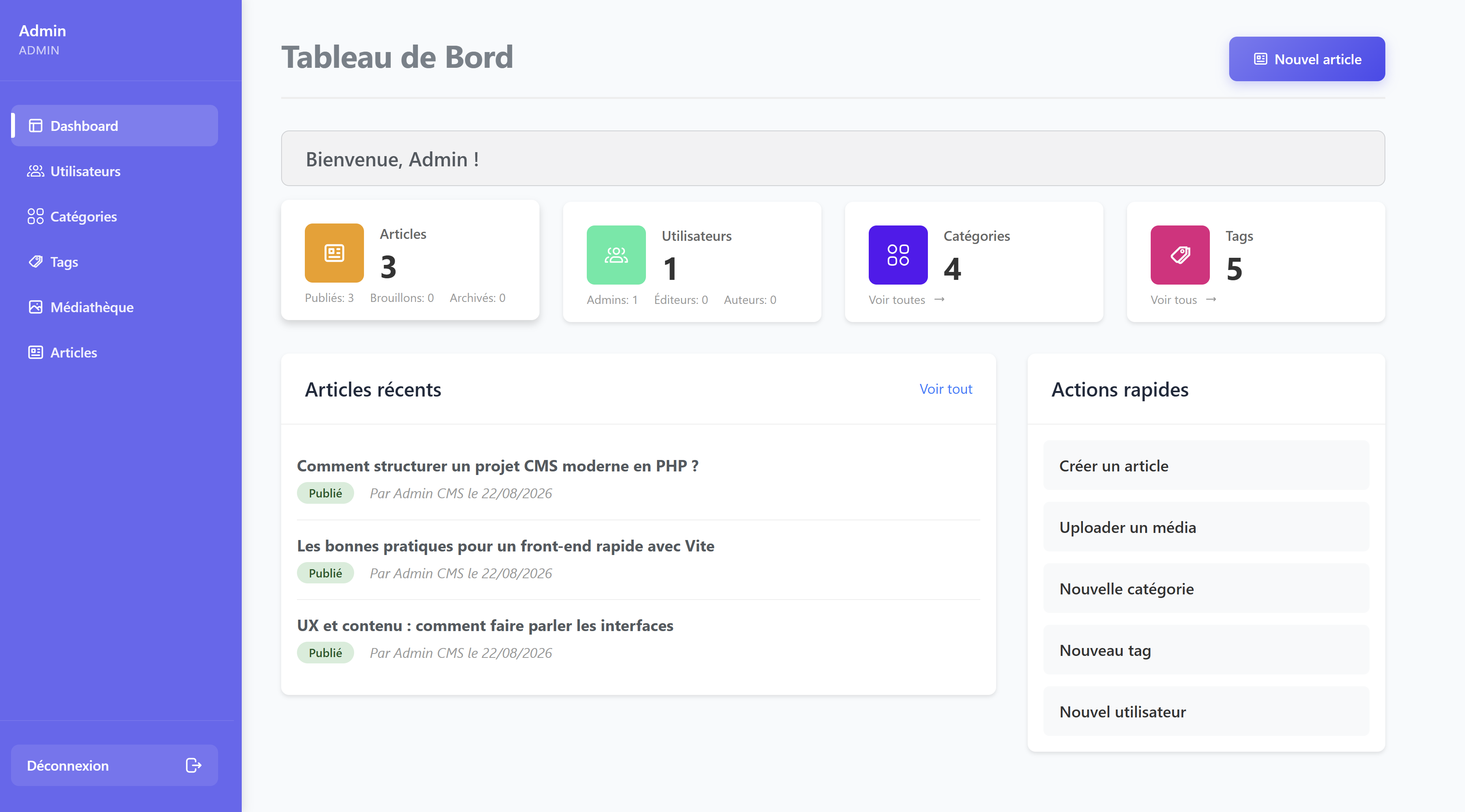 Tableau de bord d’administration du CMS DevFlow